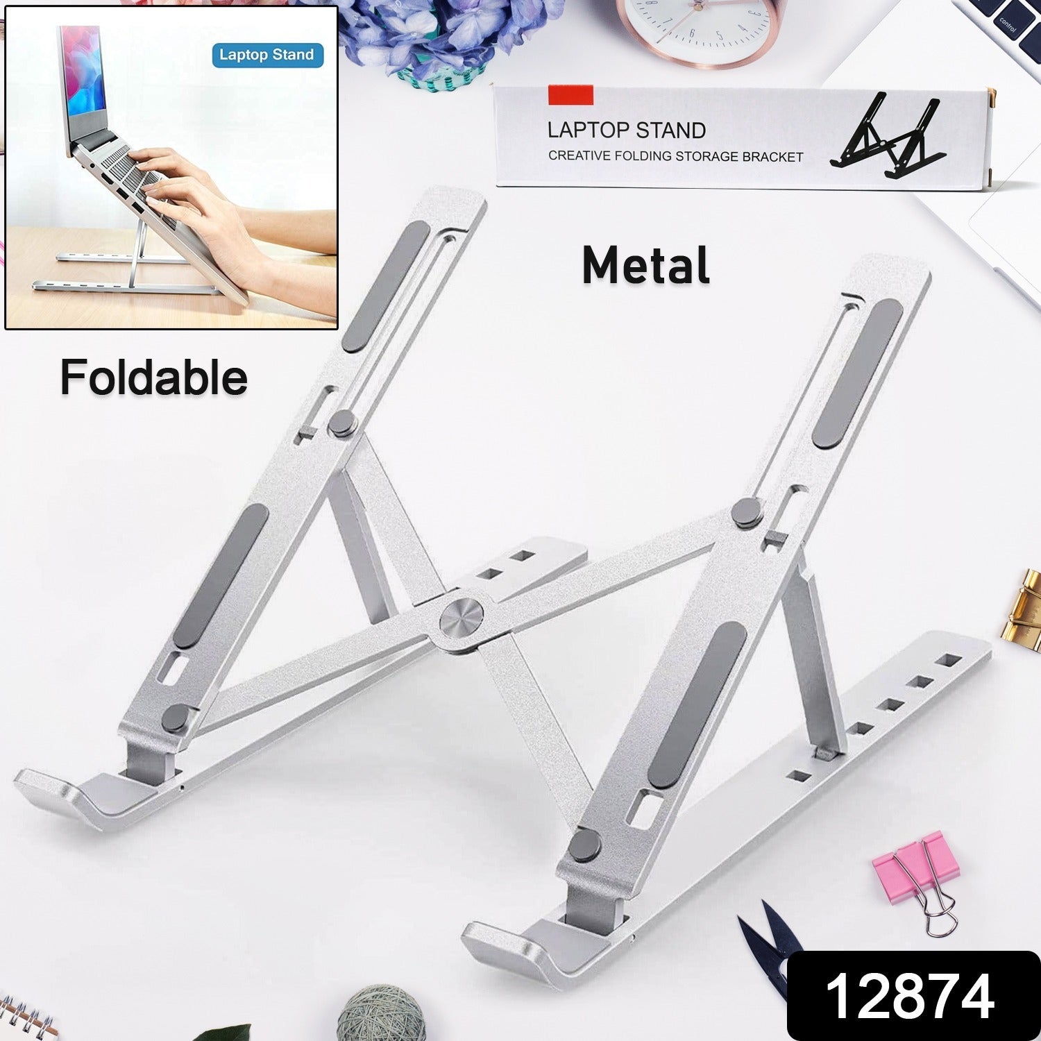 12874 Laptop Stand for Desk | Metal Portable Laptop Stand, with 7 Adjustable Angles | Laptop Riser, Phone, and Tablet Stand | Compatible for All Laptop 12874 Laptop Stand for Desk | Metal Portable Laptop Stand, with 7 Adjustable Angles | Laptop Riser, Phone, and Tablet Stand | Compatible for All Laptop